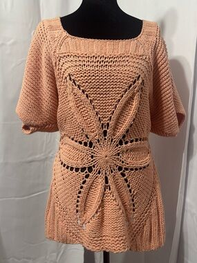 Elle Open Knit Floral Sweater Apricot Peach Daisy Motif Cottagecore Large L